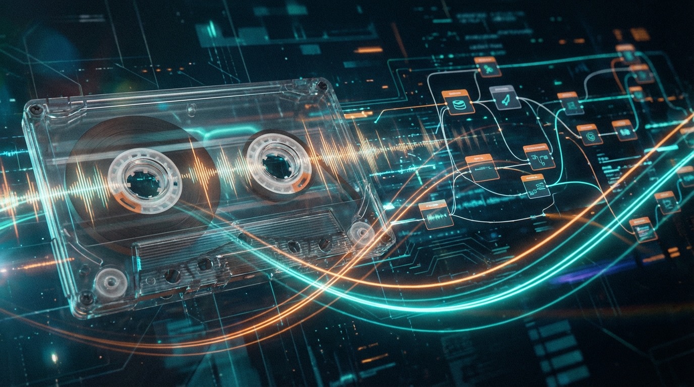 Cassette tape with waveform and automation flow overlays.