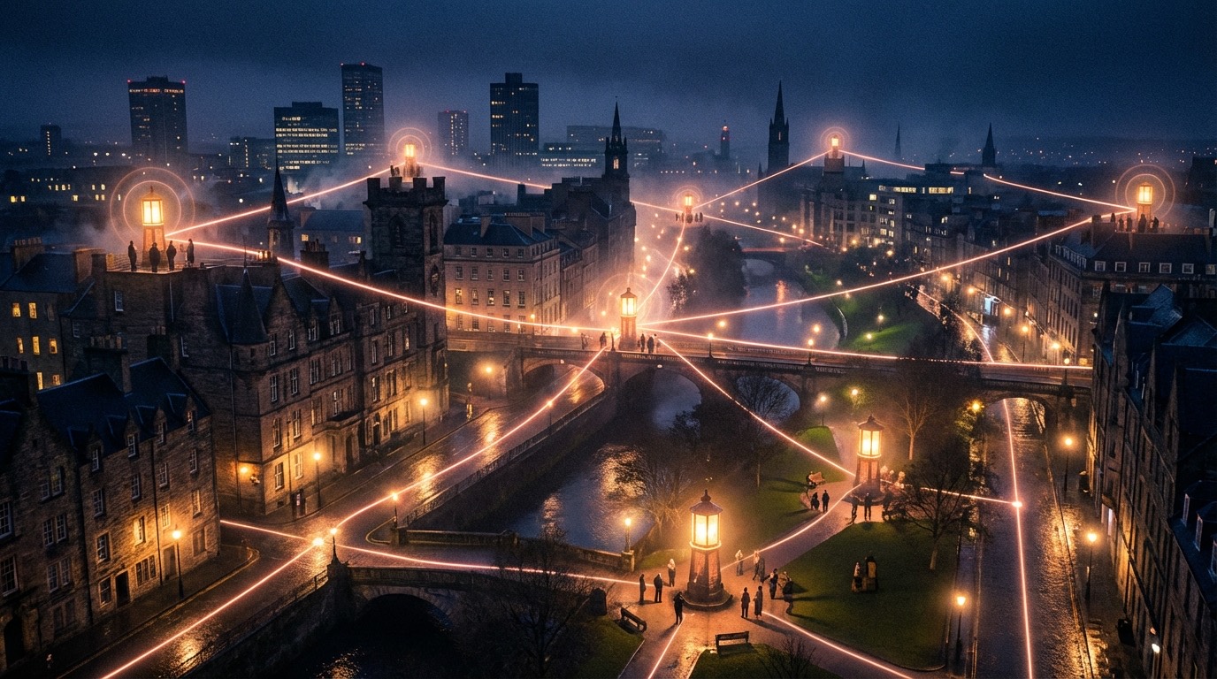 Night city with glowing beacons connected by light paths.