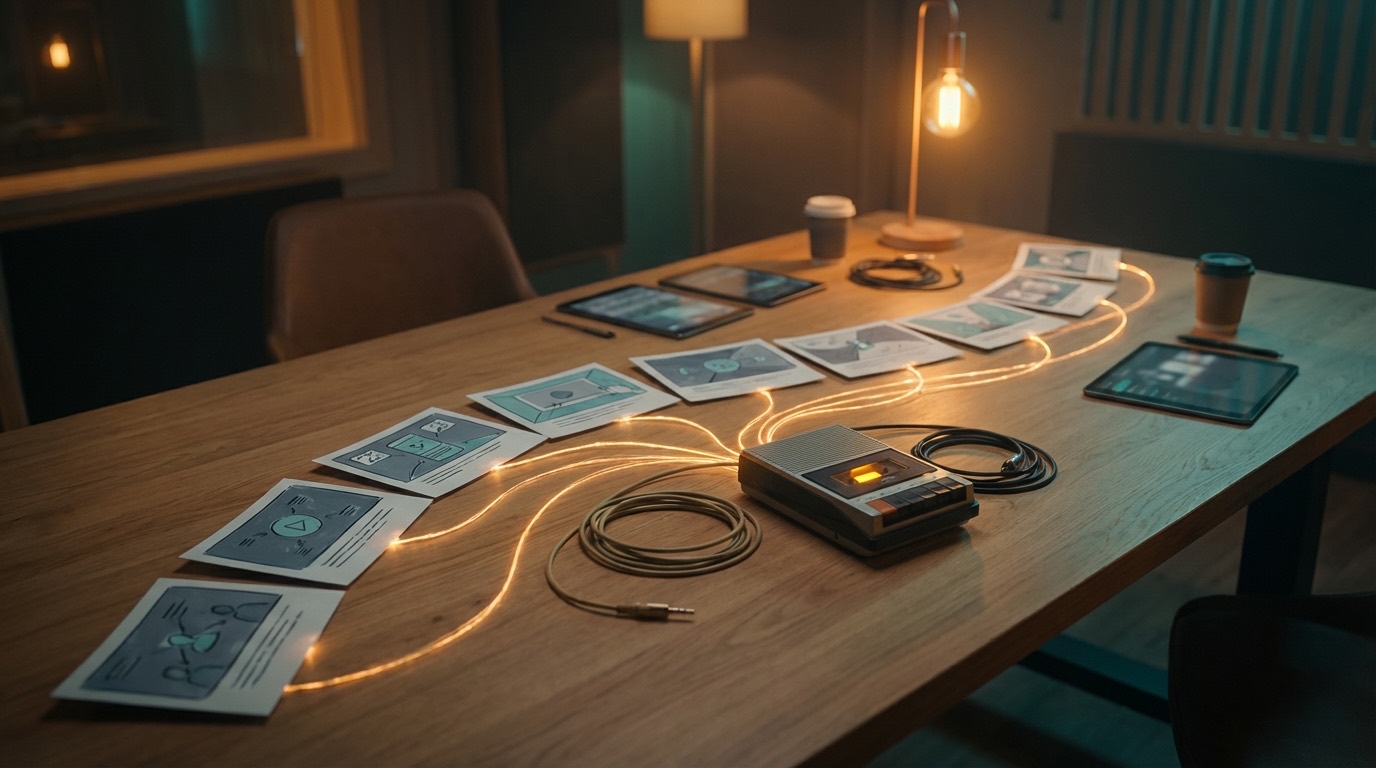 Storyboard cards linked by glowing paths on a studio table.