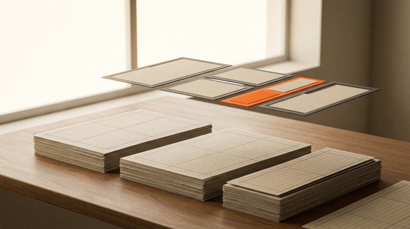 Editorial workspace with modular cards and paper stacks.