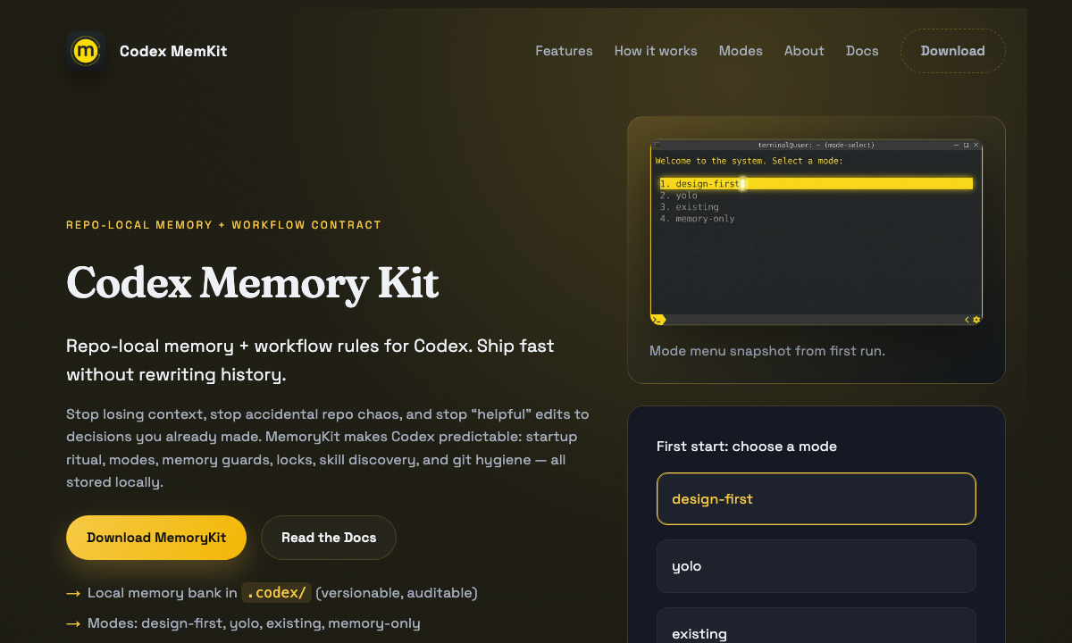 Codex Memory Kit website, an example from Mike's portfolio
