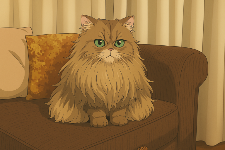 Ninny, Mike’s fluffy ginger cat, lounging on a sofa